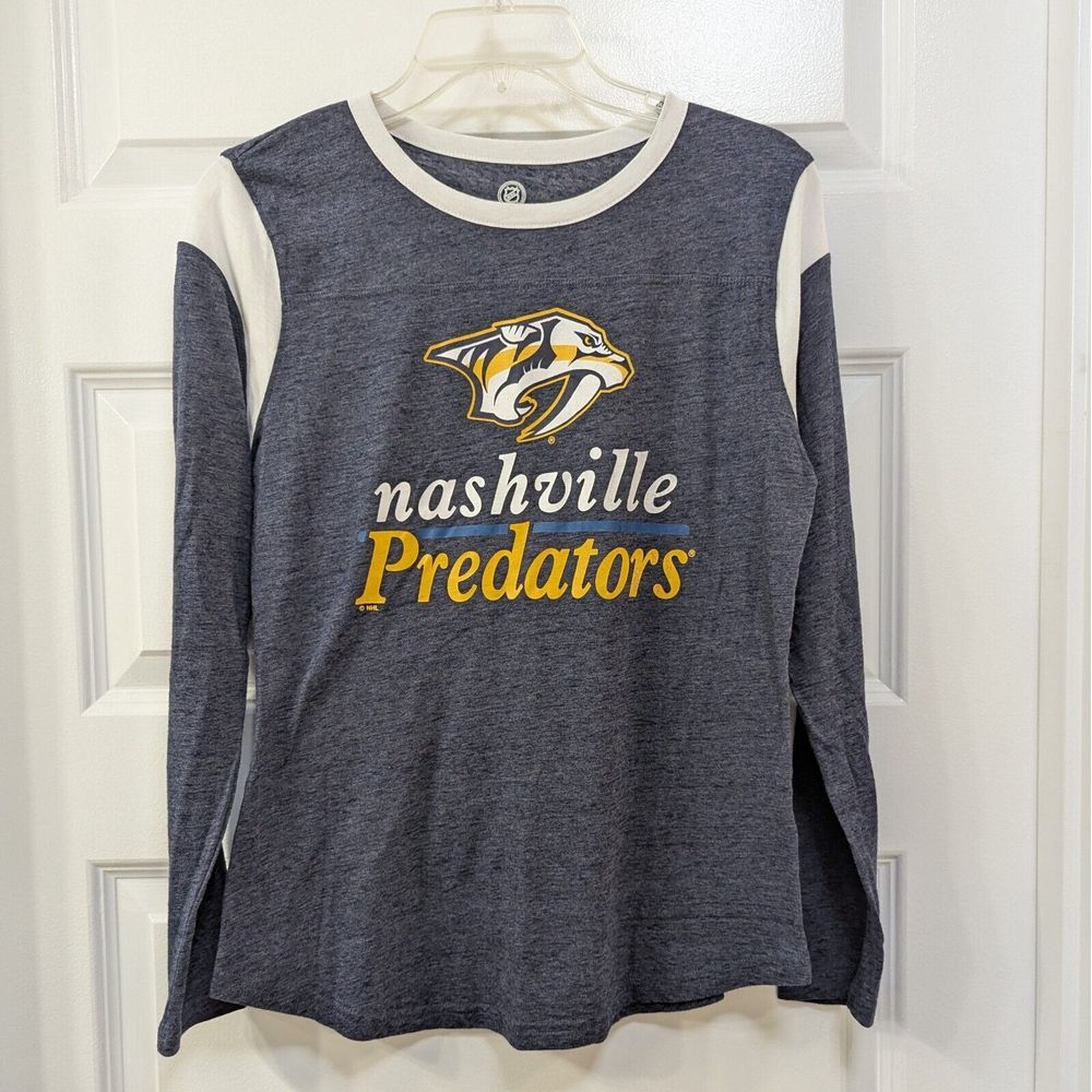 NHL NASHVILLE PREDATORS Long Sleeve Tee‎ Women's Medium Heathered Blue Hockey